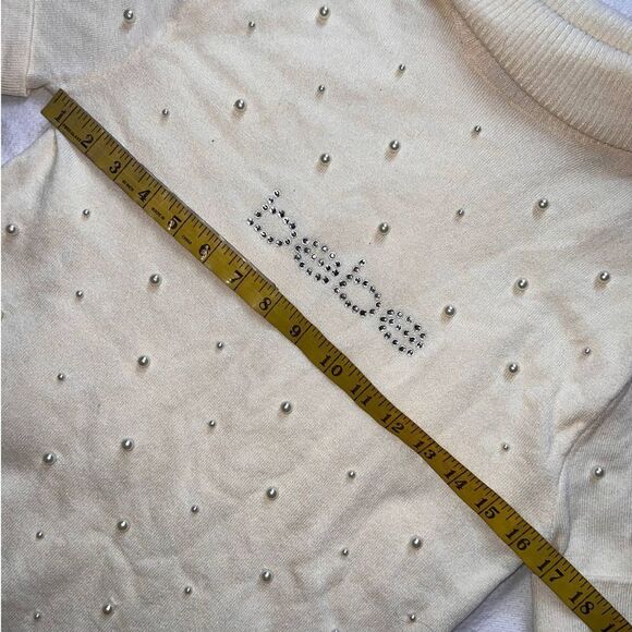 Bebe Cream Short Sleeve Turtleneck Pearl Sequin Logo Sweater- L - Picture 9 of 12